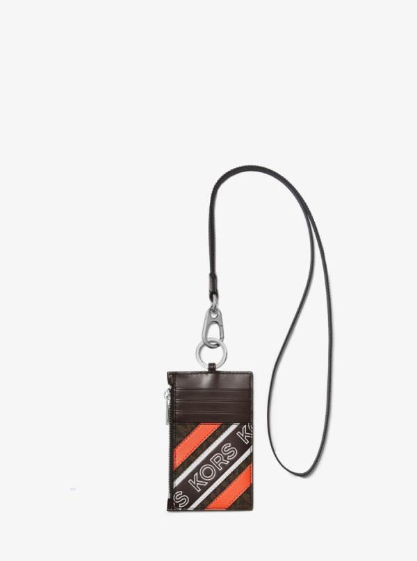 Panske Penazenky Michael Kors Hudson Logo Stripe Zip Card Case Hnede / Oranžové - Doplnky Michael Kors Akcia | PLNVB-2486